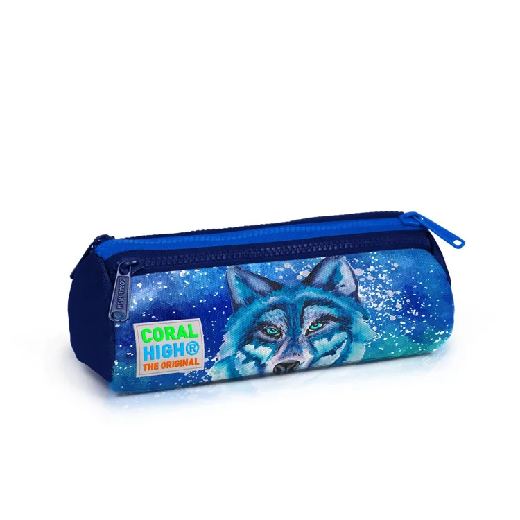 CORAL HIGH 22043 KİDS LACİVERT MAVİ KURT DESENLİ ÜÇ BÖLMELİ KALEM ÇANTASI