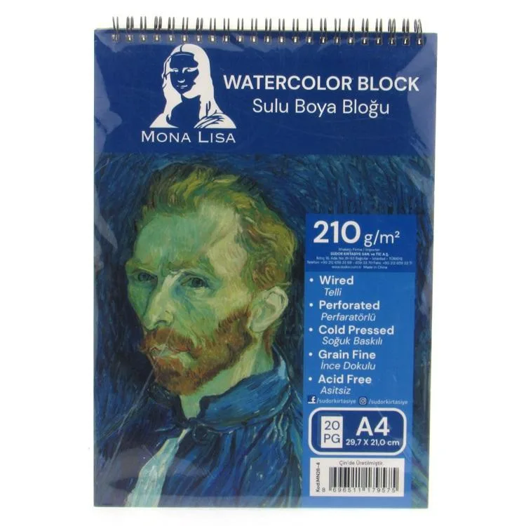 SÜDOR MN26-4 MONA LISA SPİRALLİ RESİM DEFTERİ - SULU BOYA BLOĞU A4 (29.7x21cm) 210gr. 20YP.