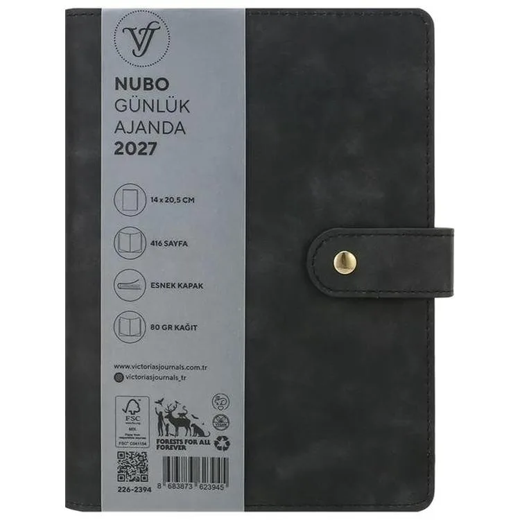 VICTORIA'S JOURNALS 226-2394 14x20,5 cm NUBO 416 SAYFA DEĞİŞEBİLEN İÇ ESNEK KAPAK GÜNLÜK AJANDA - KOYU GRİ