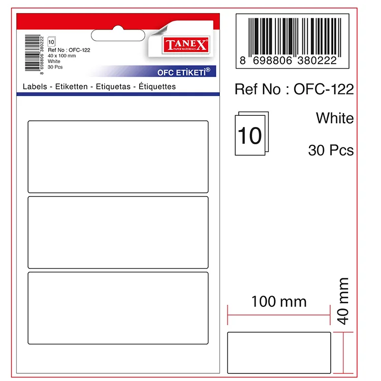 TANEX OFC-122 40x100mm BEYAZ OFİS ETİKETİ 10'LU