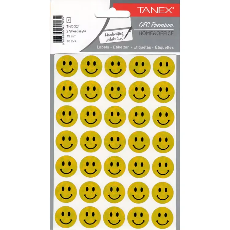 TANEX TNX-324 19mm. SARI HOLOGRAM GÜLEN YÜZ STICKER 2'Lİ