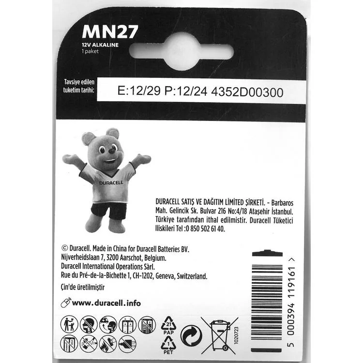 DURACELL ÖZEL ALKALİN MN27 TEKLİ PİL 12V/B