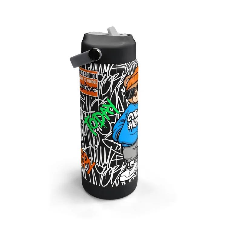 CORAL HIGH 38332 KIDS GRAFİTİ AYICIK DESENLİ KATLANIR AĞIZLI PİPETLİ ÇELİK TERMOS 650ML
