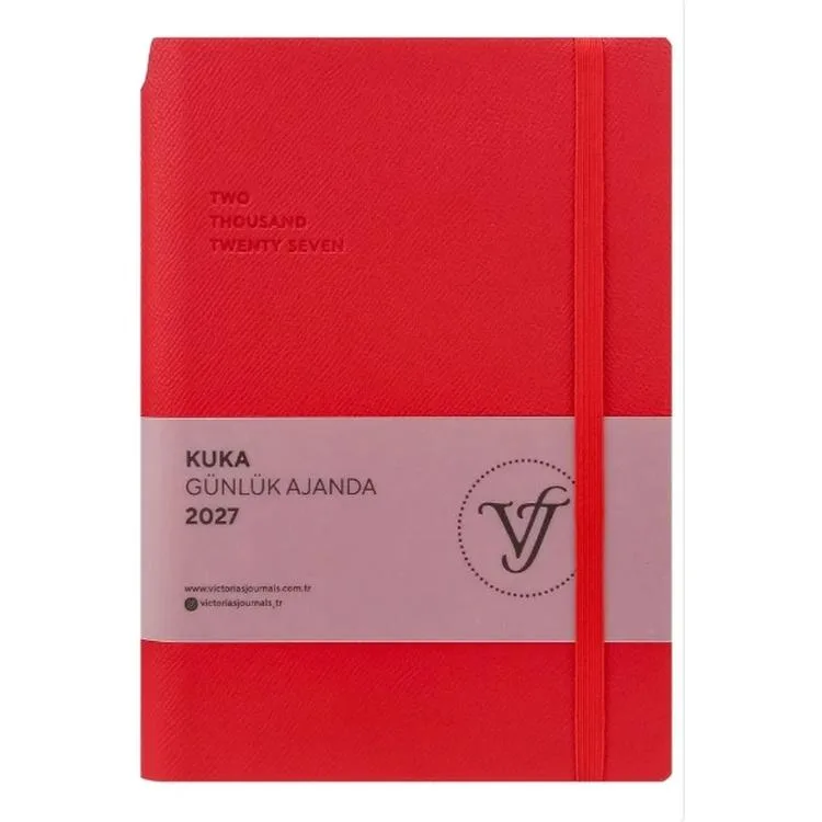 VICTORIA'S JOURNALS 226-2399 14x20,5 cm KUKA 416 SAYFA RENKLİ KENAR LASTİKLİ CEPLİ ESNEK KAPAK GÜNLÜK AJANDA - KIRMIZI