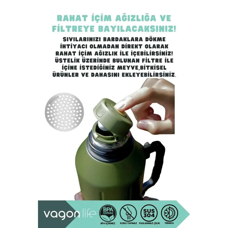 VAGONLİFE HAERS KULPLU PASLANMAZ ÇELİK TERMOS VGN1004 1200 ML MOSS GREEN
