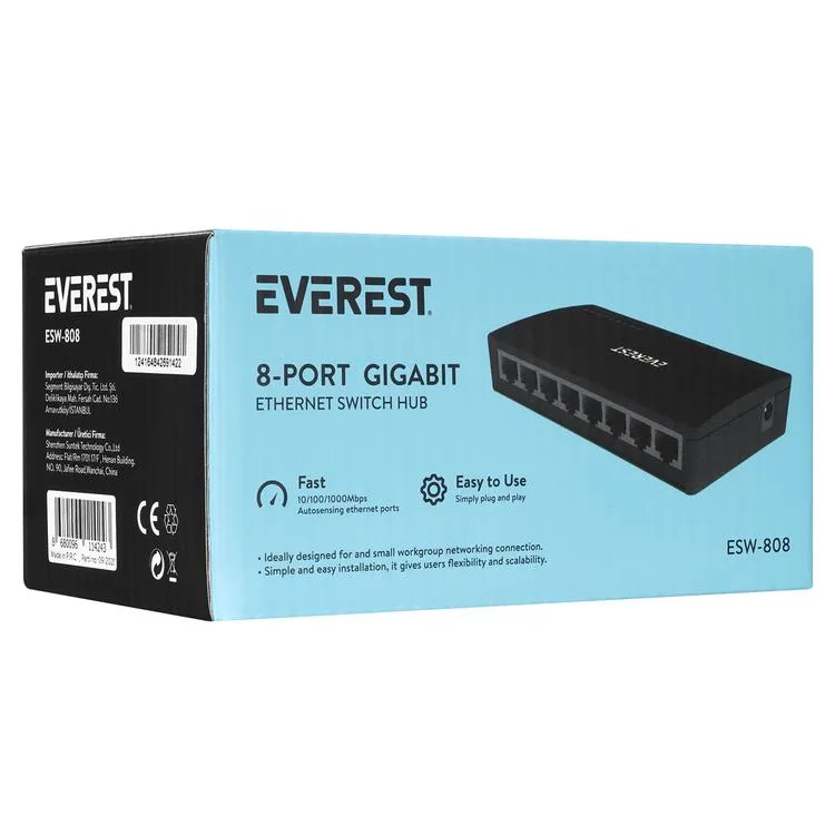 EVEREST EVERLINK ESW-808 8 PORT 10/100/1000 Mbps GİGABİT MASAÜSTÜ ETHERNET SWITCH HUB