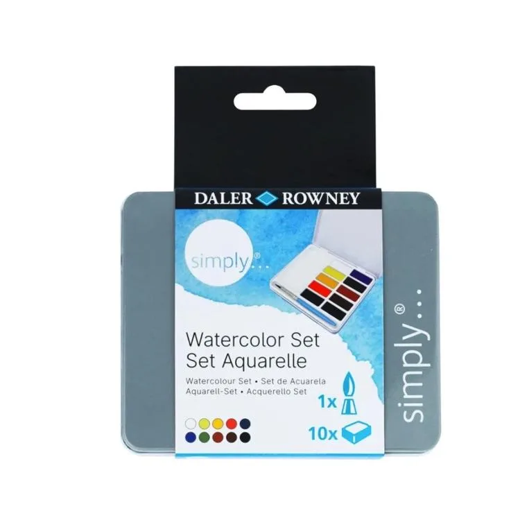DALER ROWNEY SIMPLY WATERCOLOR SULU BOYA SETİ 10'LU (10 RENK+1 AD FIRÇA) METAL KUTU - FT134500014