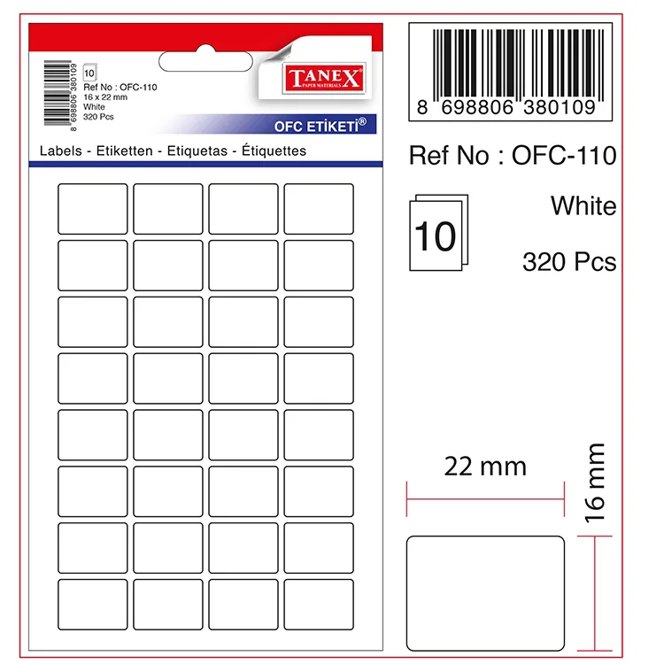 TANEX OFC-110 16x22mm BEYAZ OFİS ETİKETİ 10'LU