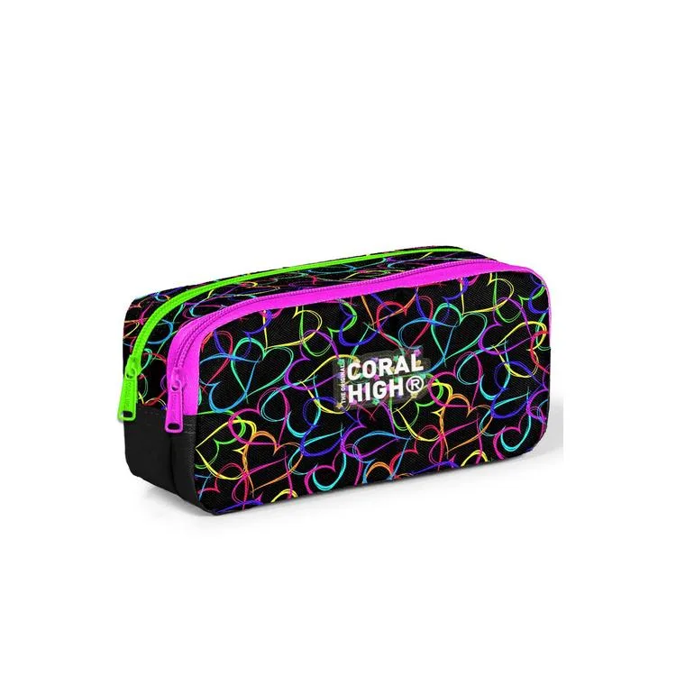 CORAL HIGH 22145 KIDS ÇOK RENKLİ KALP DESENLİ DESENLİ İKİ BÖLMELİ KALEM ÇANTASI