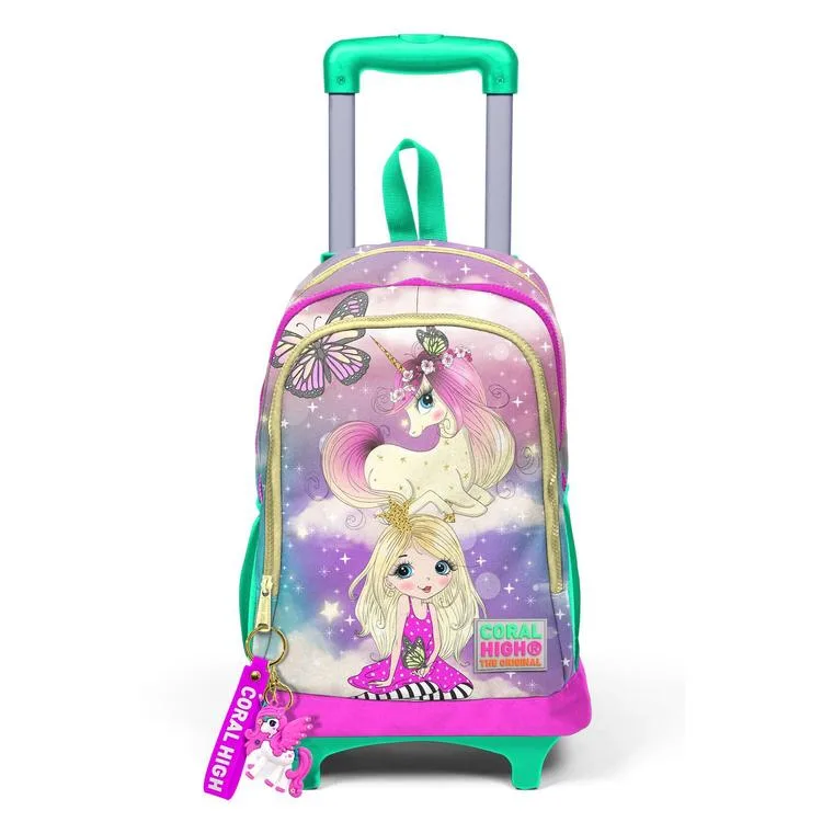 CORAL HIGH 23933 KIDS PEMBE SU YEŞİLİ UNICORNLU KIZ DESENLİ ÜÇ BÖLMELİ ÇEKÇEKLİ OKUL SIRT ÇANTASI