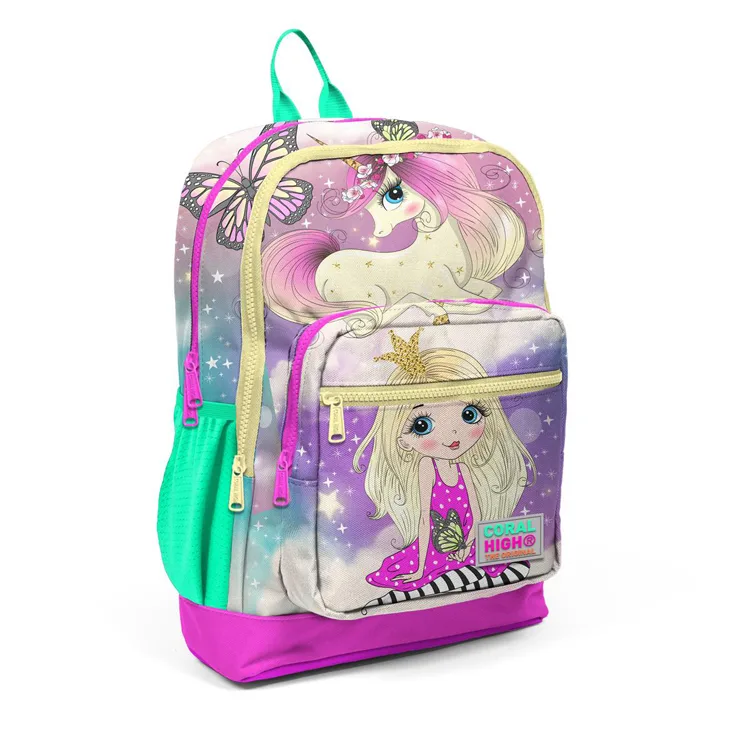 CORAL HIGH 23733 DÖRT BÖLMELİ PEMBE SU YEŞİLİ UNICORN DESENLİ KIZ SIRT ÇANTASI