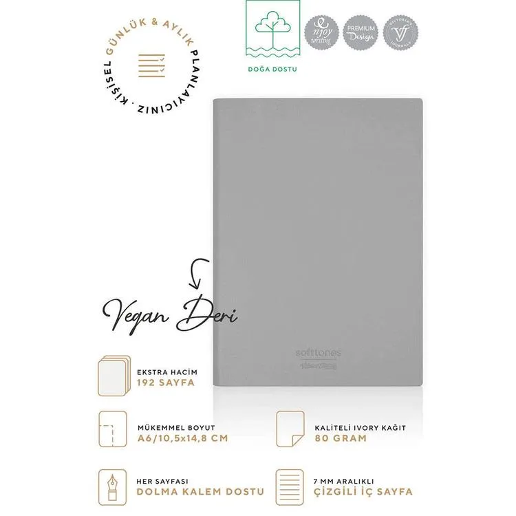 VICTORIA'S JOURNALS 1005 SOFTTONS ESNEK KAPAK A6 80gr. 96YP.KREM ÇİZGİLİ DEFTER PASTEL GRİ