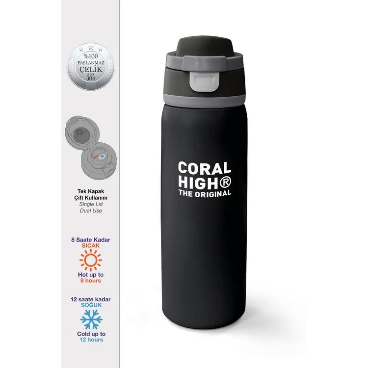 CORAL HIGH 38518 KIDS SİYAH PİPETLİ VE DİREKT İÇİM ÇELİK TERMOS 800ML