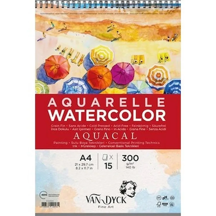 VAN DYCK VD420313 İNCE DOKULU ÜSTTEN SPİRALLİ SULUBOYA BLOK A4 300GR 15 YP