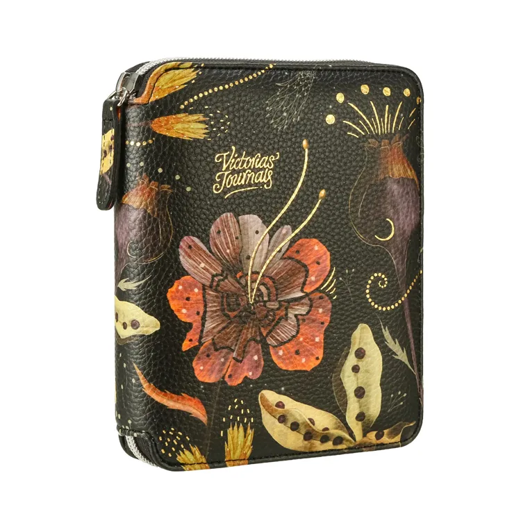 VICTORIA'S JOURNALS 0286 KUTULU ZIPPER FOLDER TURUNCU - MOR ÇİÇEKLİ 10.5X14.8cm 80YP. ÇİZGİLİ DEFTER