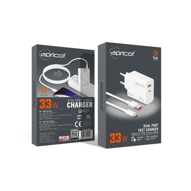 APRICOT APC-U433T TYPE-C 3.0A USB-A 33W HIZLI ŞARJ ADAPTÖRÜ KABLOLU BEYAZ